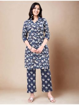Gahan - Cotton Floral Printed Navy Blue Kurta & Pant Co-Ord (Set of 2)