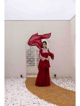 Ajiesh Oberoi - Red Phool Peplum Top with Sharara and Dupatta (Set of 3)