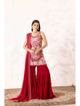 Ajiesh Oberoi - Red Prisha Short Kurta with Sharara and Dupatta (Set of 3)
