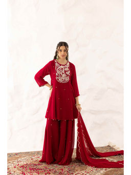 Ajiesh Oberoi - Red Anchal Peplum Top with Sharara and Dupatta (Set of 3)