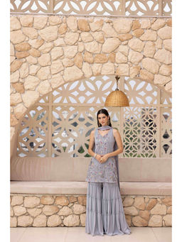 Ajiesh Oberoi - Grey Jiya Short Kurti with Sharara and Dupatta (Set of 3)