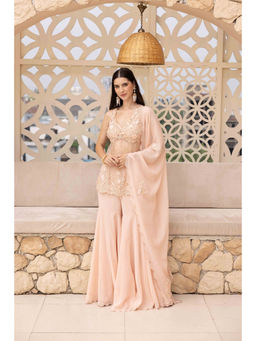 Ajiesh Oberoi - Peach Surat Peplum Top with Sharara and Dupatta (Set of 3)