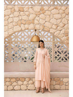 Ajiesh Oberoi - Peach Bhavya Kurta with Palazzo and Dupatta (Set of 3)