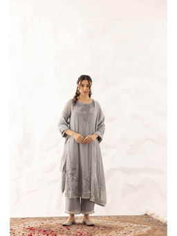 Ajiesh Oberoi - Grey Yukti Kurta with Palazzo and Dupatta (Set of 3)