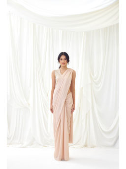 Lavanya Ahuja - Beige Pre-Draped Saree with Stitched Blouse
