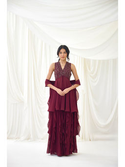 Lavanya Ahuja - Burgundy Sharara with Peplum Top and Dupatta (Set of 3)