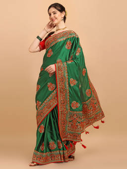 Amrutam Fab - Womens Embroidered Silk Green Saree With Unstitched Blouse Piece