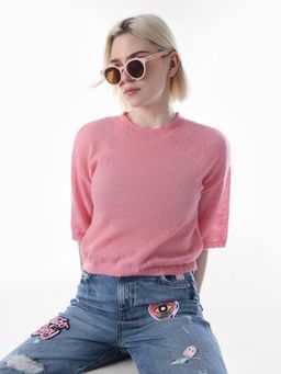 ONLY - Womens Solid Regular Fit Pink T-Shirt