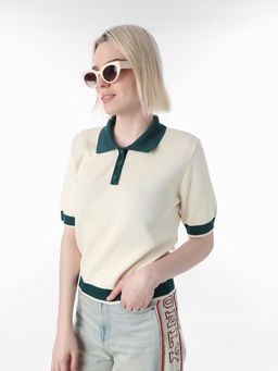 ONLY - Womens Solid Regular Fit Cream Polo T-Shirt