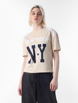 ONLY - Womens Typography Relaxed Fit Beige T-Shirt