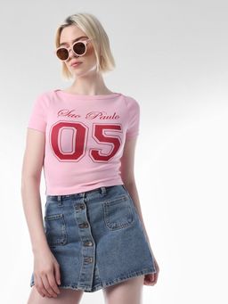 ONLY - Womens Typography Slim Fit Pink T-Shirt