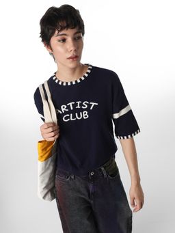 ONLY - Womens Typography Regular Fit Navy Blue T-Shirt