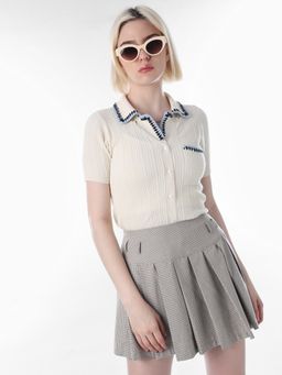 ONLY - Womens Self Design Slim Fit Cream Polo T-Shirt