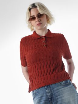 ONLY - Womens Stripes Regular Fit Red Polo T-Shirt