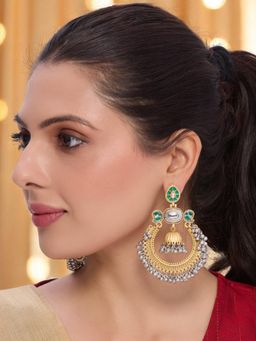 OOMPH - Green Chandbali Earrings - Gold And Silver Dual Tone - Ghungroo Detailing