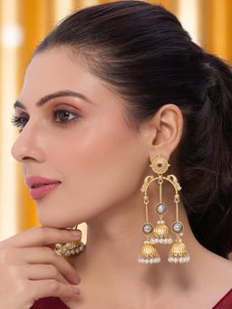 OOMPH - Matte Gold Stone And Beads Long Drop Earrings - Dual Tone - Peacock Design