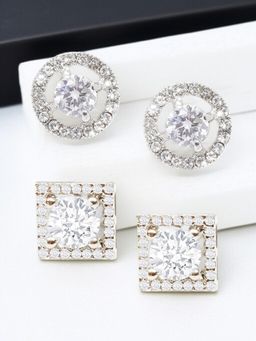 OOMPH - Combo Of 2 Silver Cubic Zirconia Round And Square Solitaire Ear Stud Earrings