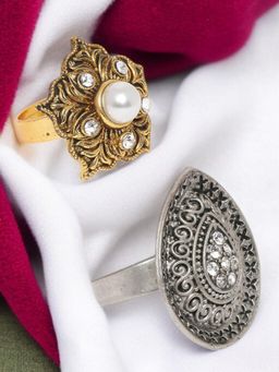 OOMPH - Combo Of 2 Antique Gold And Oxidised Silver Ethnic Ring Set - Stones And Pearls