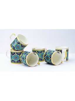 Golden Queens - Yellow & Blue Abstract Tea Cups Handcrafted In India, Gold Rim (Pack of 6)