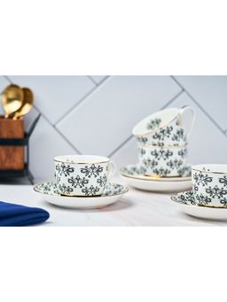 Golden Queens - Black & White Foliage Cup & Saucer Set, Gold Detailing (6 Cups & 6 Saucer)