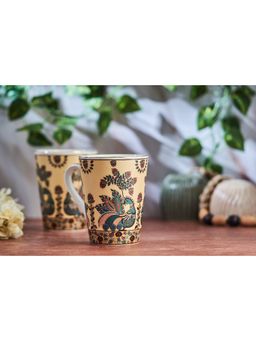 Golden Queens - Handpainted Peacock Mugs Handcrafted In India, Gold Rim (Pack of 2)