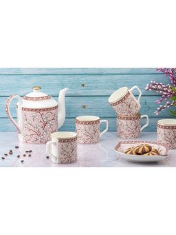 Golden Queens - Pink & White Florals Tea Cup, Kettle & Tray Set (6 Cups, 1 Kettle, 2 Trays)