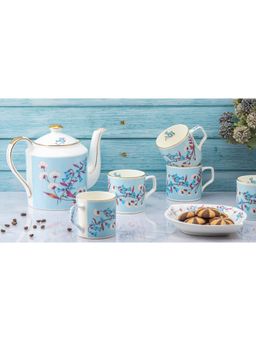 Golden Queens - Orchid Bloom Tea Cup, Kettle & Tray Set (6 Cups, 1 Kettle, 2 Trays)