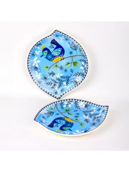 Golden Queens - Artisnal Bird In Blue Leaf Dish For Serving Snacks, 7 Inch (Pack of 2)