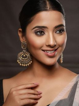 Priyaasi - Grey Floral Pearl Studded Gold Plated Chand Bali Earrings