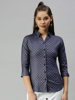 SHOWOFF - Women Skinny Fit Regular Sleeves Navy Blue Polka Dots Shirt