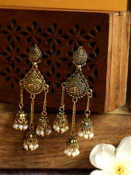 Anika's Creations - Gold Plated Oxidised Pearl Drop And Danglers Earring