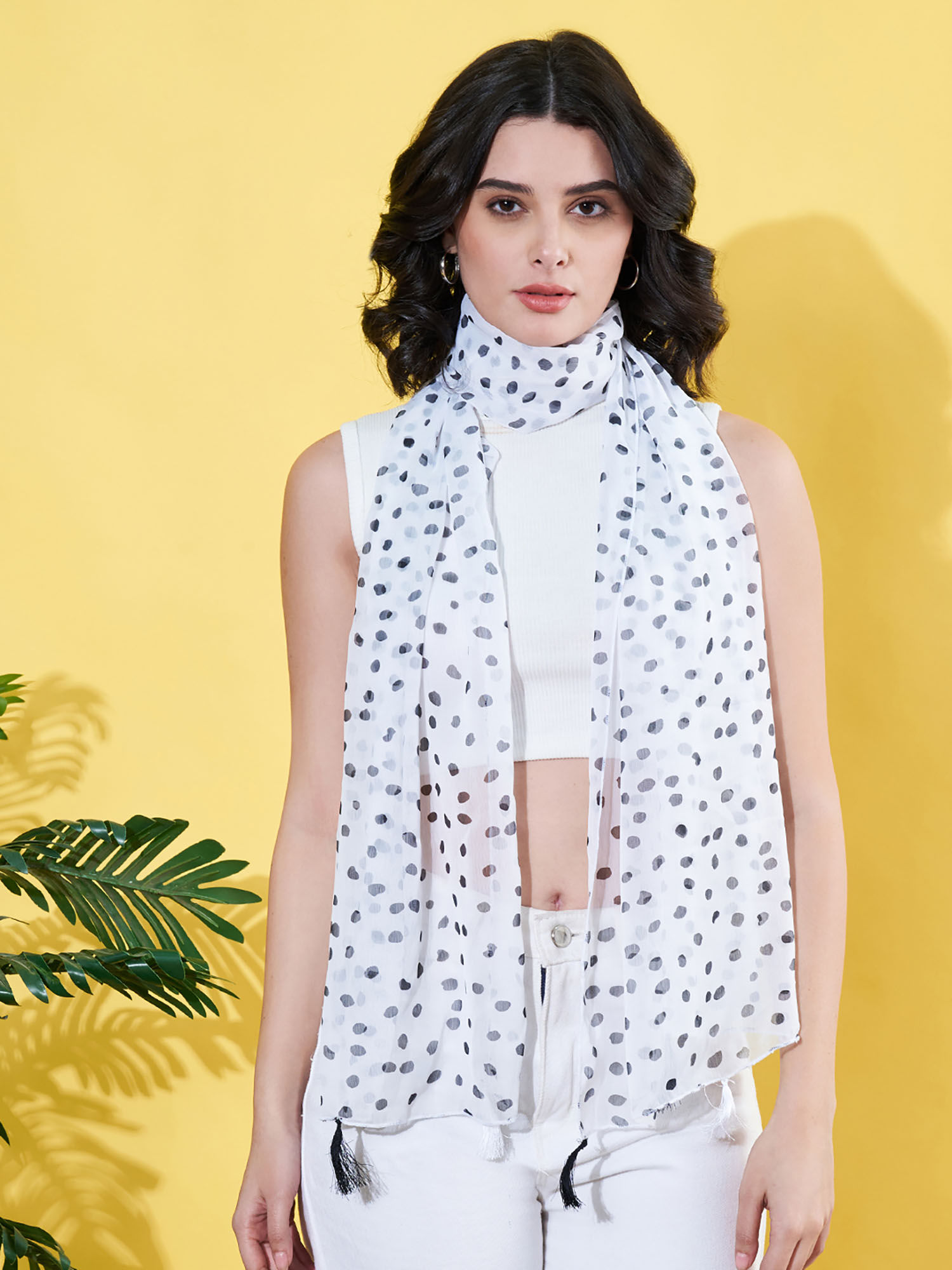 Women'S Printed White Chiffon Scarf with Tassells-picture-37