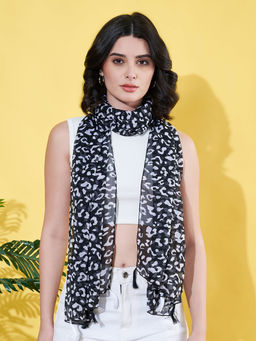 ANVI Be Yourself - Women'S Animal Printed Black Chiffon Scarf with Tassells