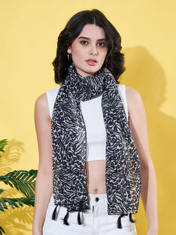 ANVI Be Yourself - Women'S Floral Printed Blue Chiffon Scarf with Tassells