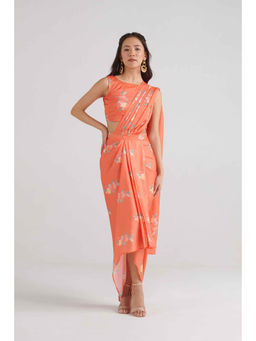 Pasha India - Bright Orange Slit Saree with Stitched Blouse