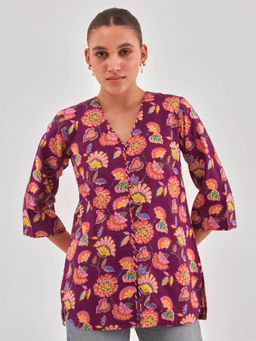 QOMN - Floral Print Cotton Shirt Style Top