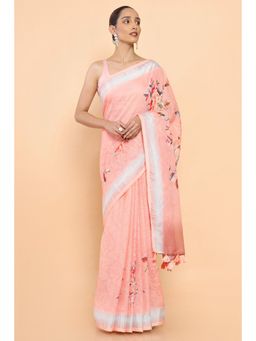 Soch - Women Coral Linen Floral Saree with Unstitched Blouse