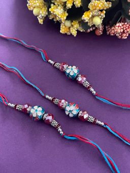 Digital Dress Room - Fancy Designer Blue Kundan Crystal Beads Thread Rakhi for Brother (Pack of 3)