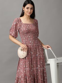 SHOWOFF - Womens Square Neck Maxi Mauve Printed Dress