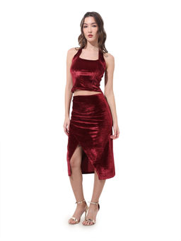 Freehand - Women Fitted Solid Halter Neck Sleeveless High-Rise Red Co-Ord Set