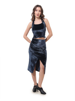 Freehand - Women Fitted Solid Halter Neck Sleeveless High-Rise Blue Co-Ord Set