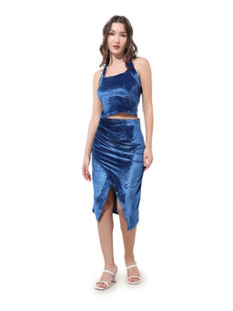 Freehand - Women Fitted Solid Halter Neck Sleeveless High-Rise Blue Co-Ord Set