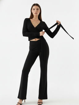 Outzidr - Black Full Sleeve Wrap V Neck Co-Ord Set