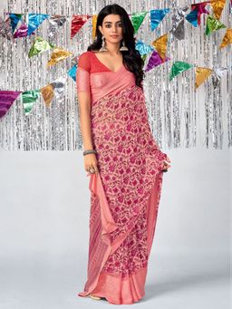 Odette - Womens Georgette Pink Printed Saree with Unstitched Blouse