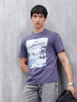 WROGN - Oversized Washed Distressed Graphic Navy Blue T-Shirt