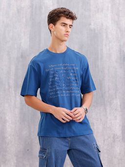 WROGN - Typography Oversized Fit Brand Logo Embroidered Blue T-Shirt