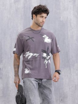 WROGN - Grafitti Inspired Acid Washed Placement Print Oversized Fit Grey T-Shirt