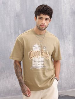 WROGN - Retro Graphic Printed Oversized Fit Beige T-Shirt