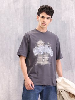 WROGN - Retro Graphic Printed Oversized Fit Grey T-Shirt