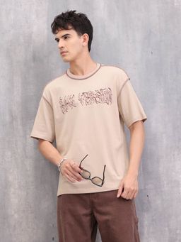 WROGN - Contrast Stitch Detail Goth Inspired Oversized Fit Beige T-Shirt